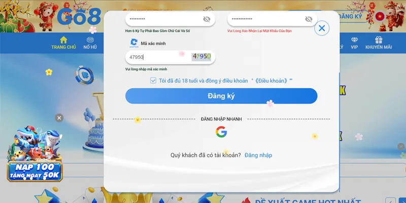 Chọn xác nhận đủ 18 tuổi và điều khoản của Go8 